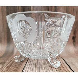 Vintage Pressed Glass Footed Candy Bowl Frosted Rose Starburst Pattern Clear
